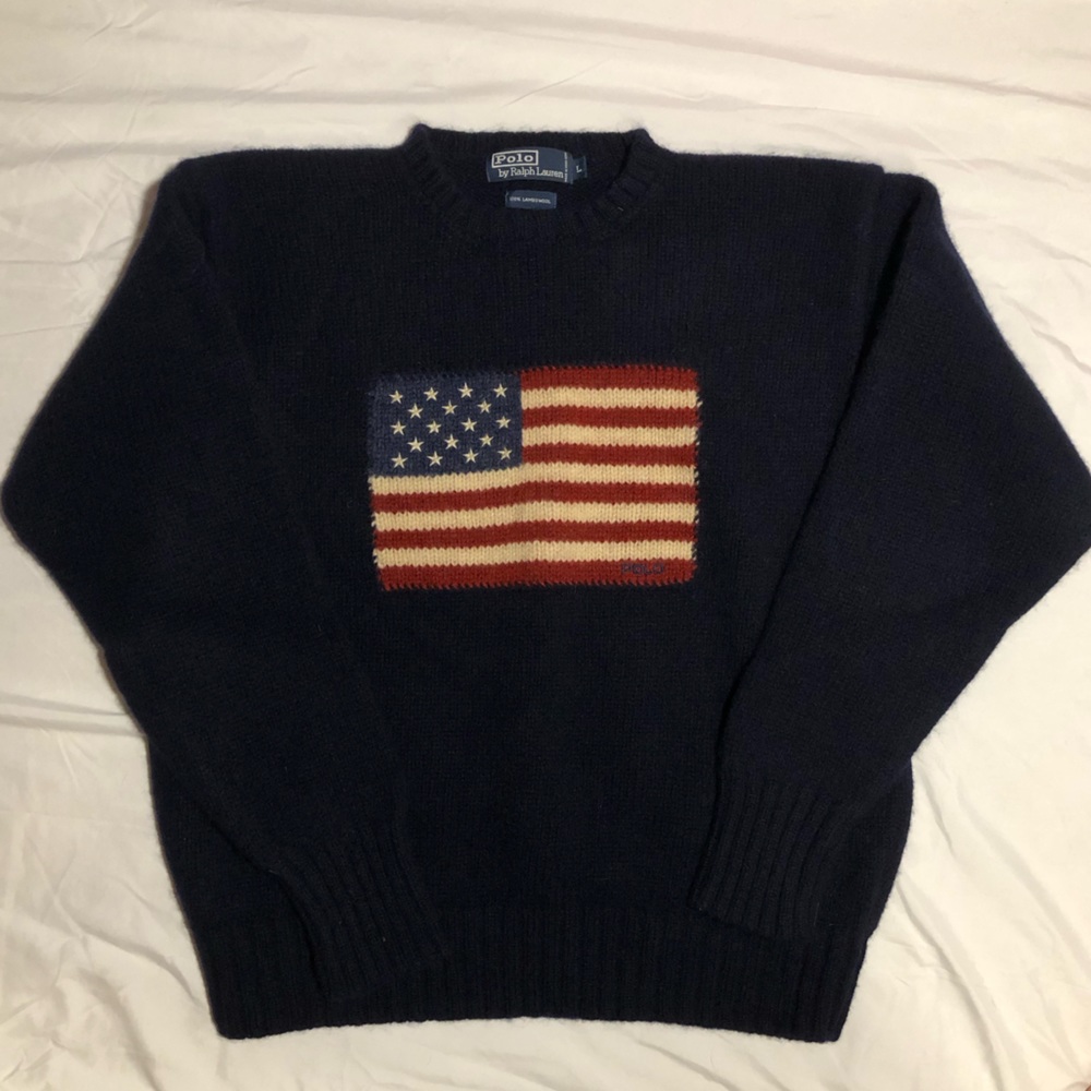 Vintage 100% Lambswool Polo Ralph Lauren Knitted American Flag Sweater